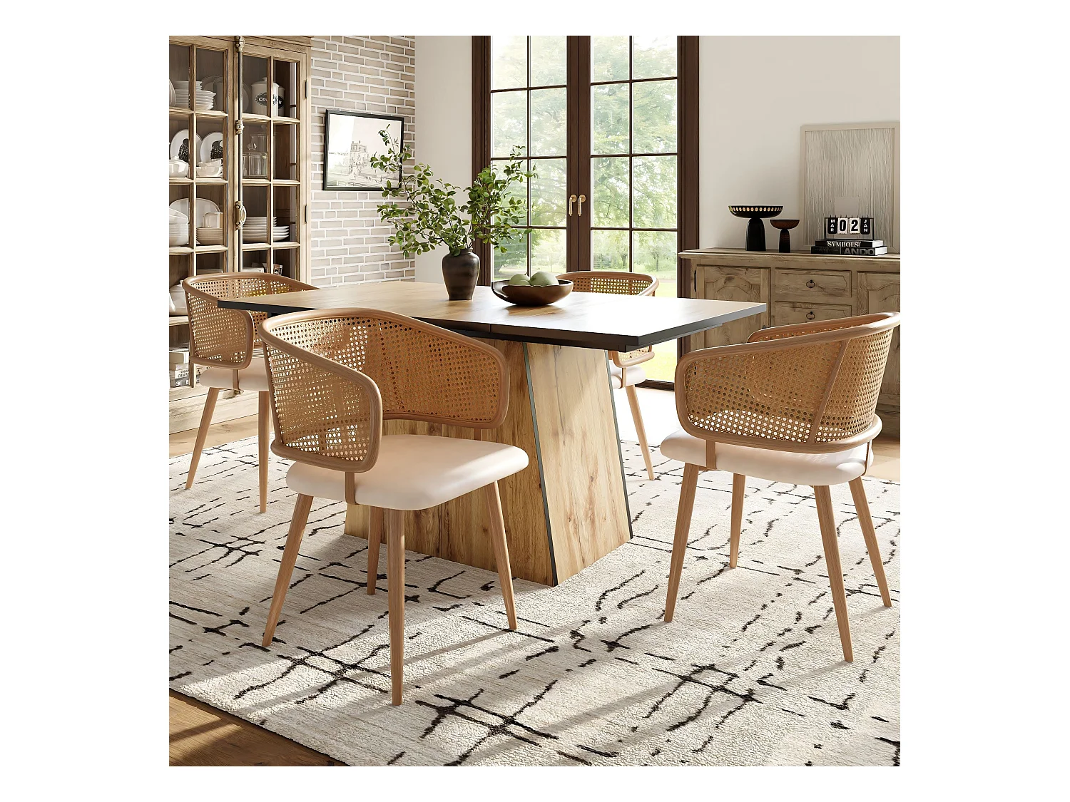 Set van 4 eetkamerstoelen met rotan rugleuning, PU kussens, modern design, metaal, beige (47x51x79 cm)
