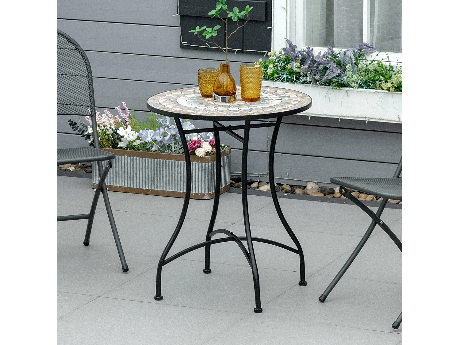 Mesa bistró redonda en mosaico cerámico, diseño artesanal, verde-beige-blanco (Ø60x71cm)