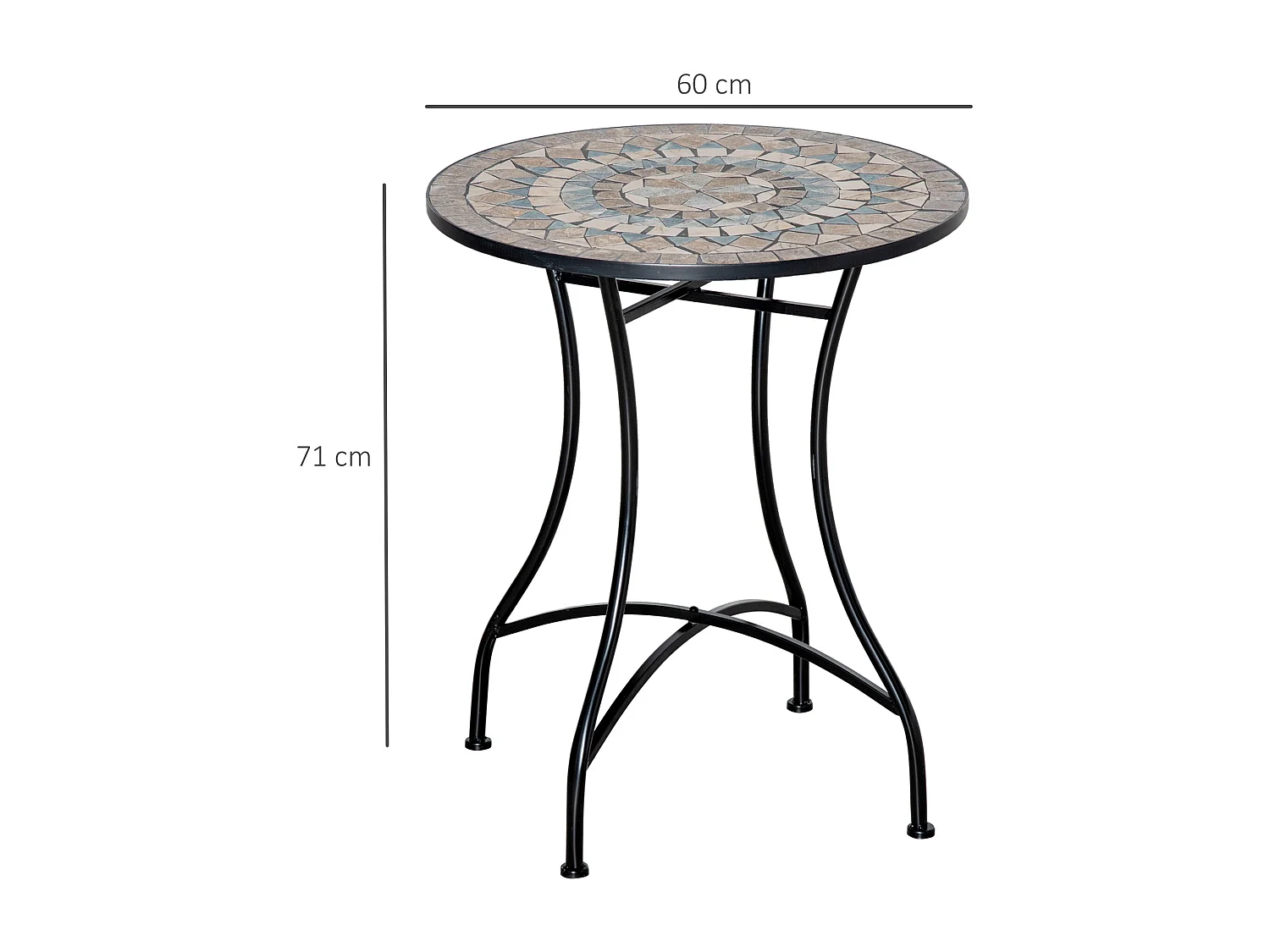 Mesa bistró redonda en mosaico cerámico, diseño artesanal, verde-beige-blanco (Ø60x71cm)