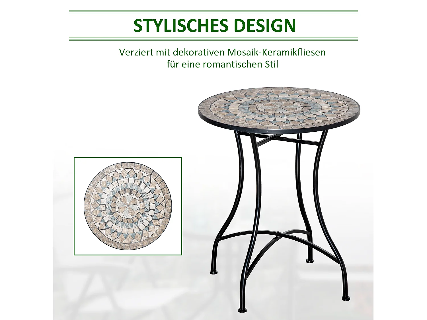 Mesa bistró redonda en mosaico cerámico, diseño artesanal, verde-beige-blanco (Ø60x71cm)