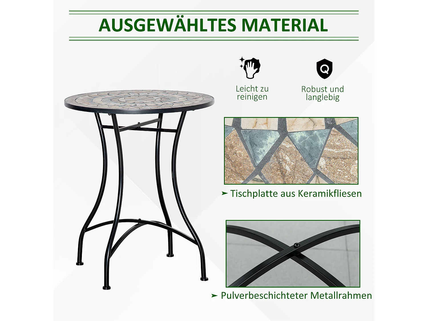 Mesa bistró redonda en mosaico cerámico, diseño artesanal, verde-beige-blanco (Ø60x71cm)