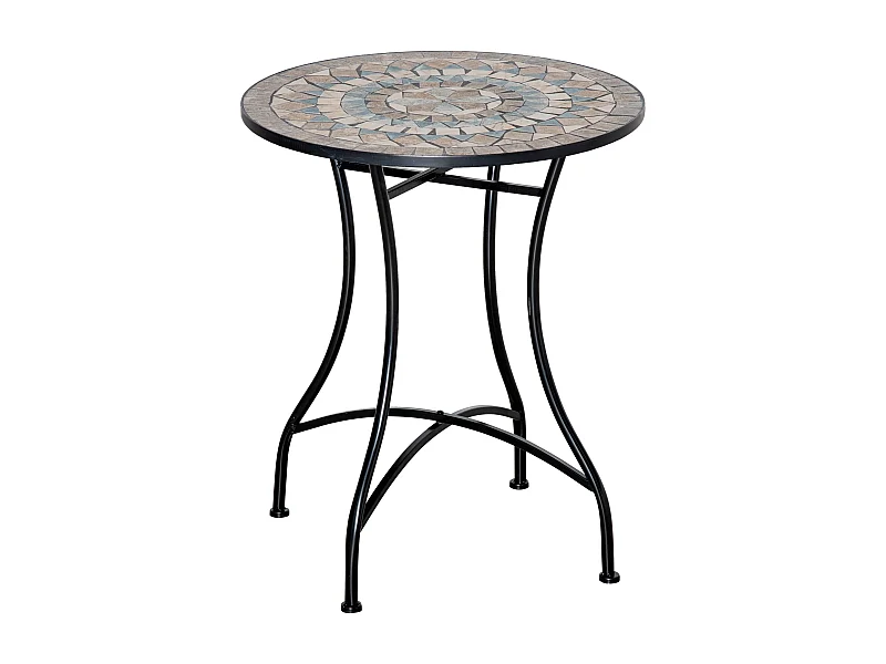 Mesa bistró redonda en mosaico cerámico, diseño artesanal, verde-beige-blanco (Ø60x71cm)