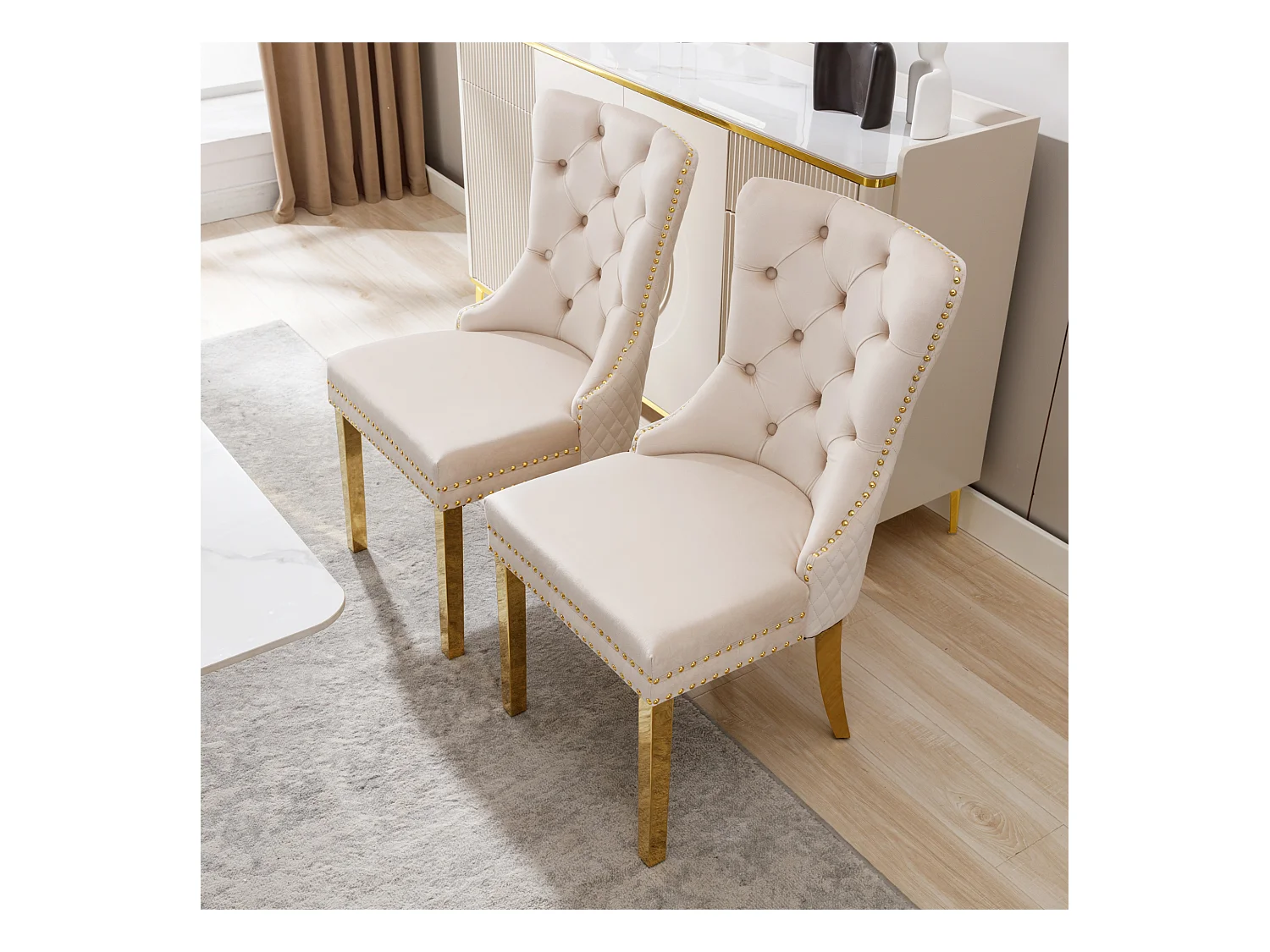 Chaise de salle à manger en velours, clous décoratifs, pieds en acier inoxydable doré, Beige/Or (50.5x45x95 cm)