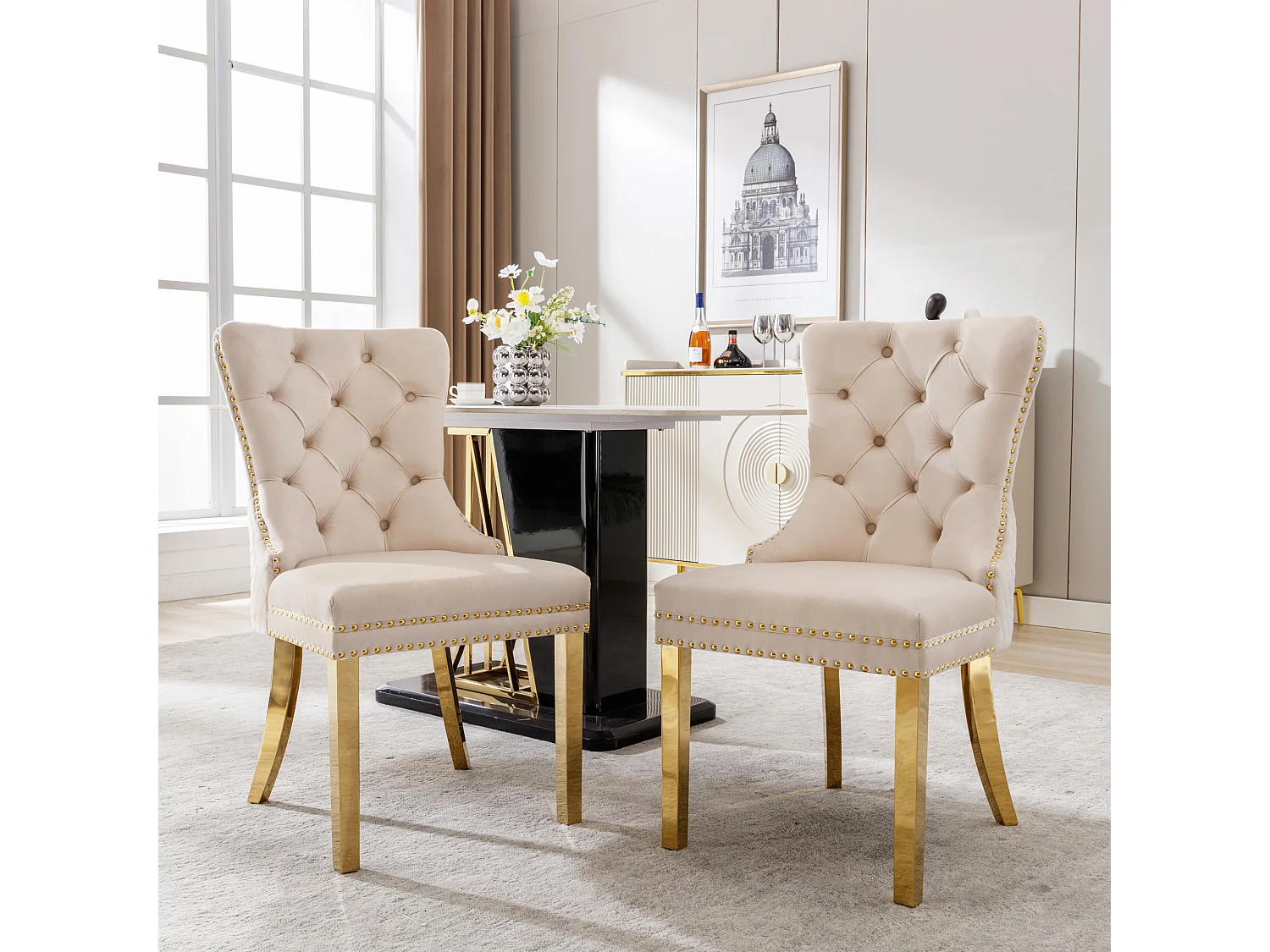 Chaise de salle à manger en velours, clous décoratifs, pieds en acier inoxydable doré, Beige/Or (50.5x45x95 cm)
