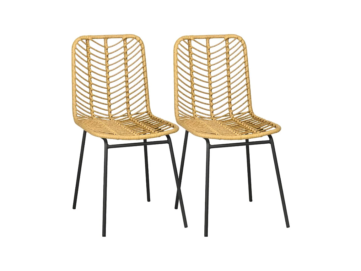 Set de 2 chaises de salle à manger avec dossier en rattan, acier, jaune, (44x58x85 cm)