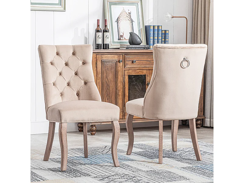 Eetkamerstoelen, set van 2, hoge rugleuning beige fluweel, decoratieve spijkers, massief hout (97x51x47 cm)