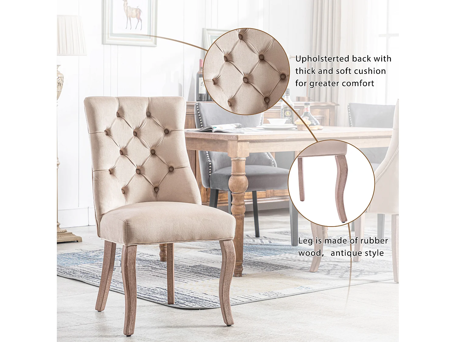 Chaises de salle à manger, Lot de 2, haut dossier en velours beige, clous décoratifs, bois massif (97x51x47 cm)