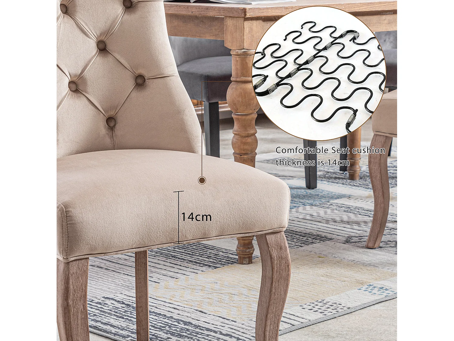 Chaises de salle à manger, Lot de 2, haut dossier en velours beige, clous décoratifs, bois massif (97x51x47 cm)