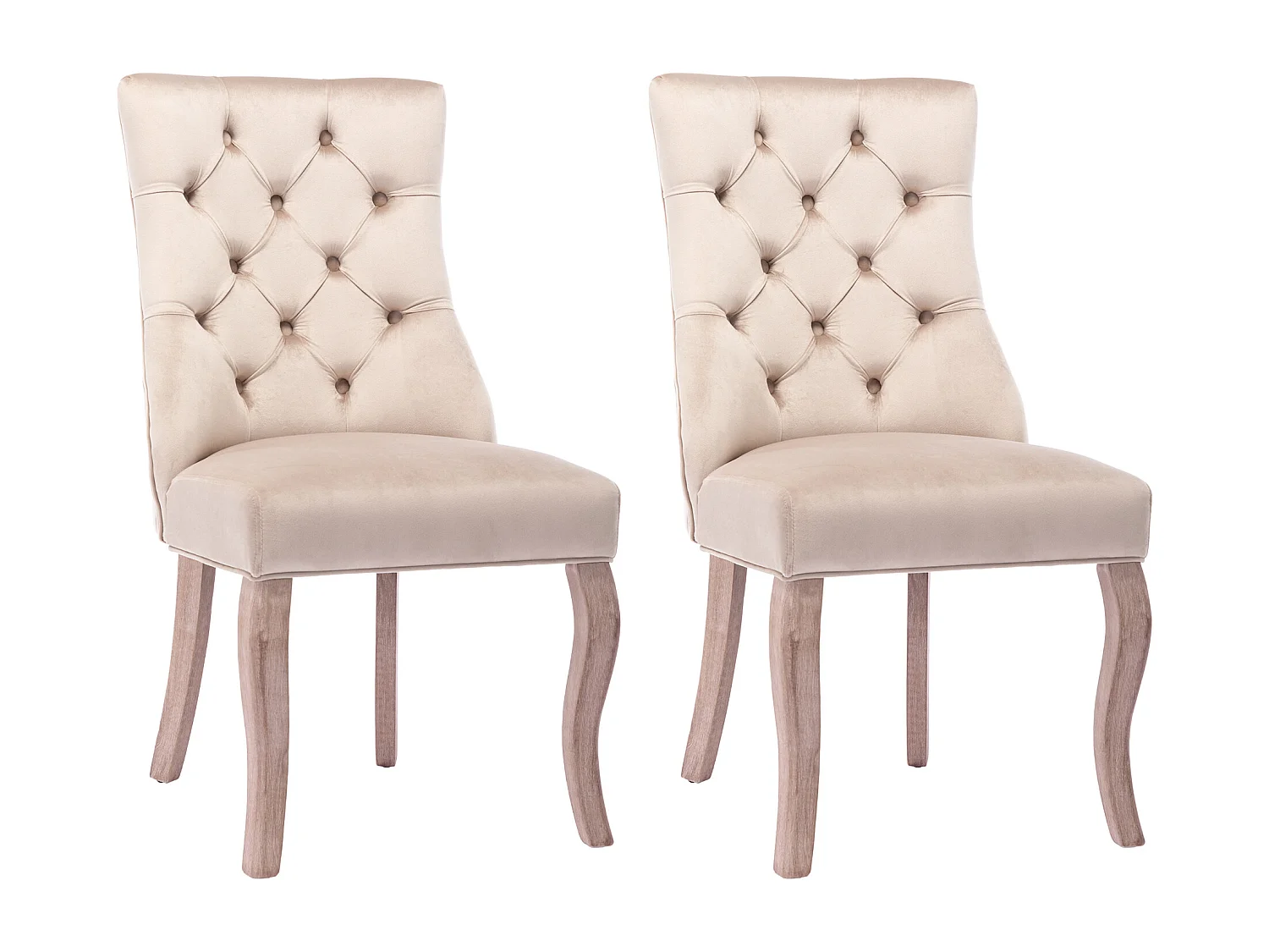 Sedie da pranzo, set da 2, schienale alto in velluto beige, chiodi decorativi, legno massello (97x51x47 cm)