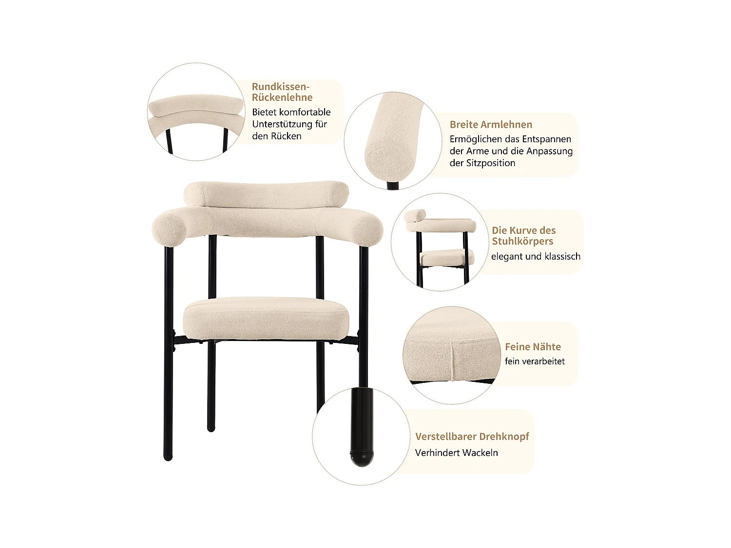 eetkamerstoelen, rotan rugleuning, PU zitting, modern design, metaal, beige (47x51x79 cm)