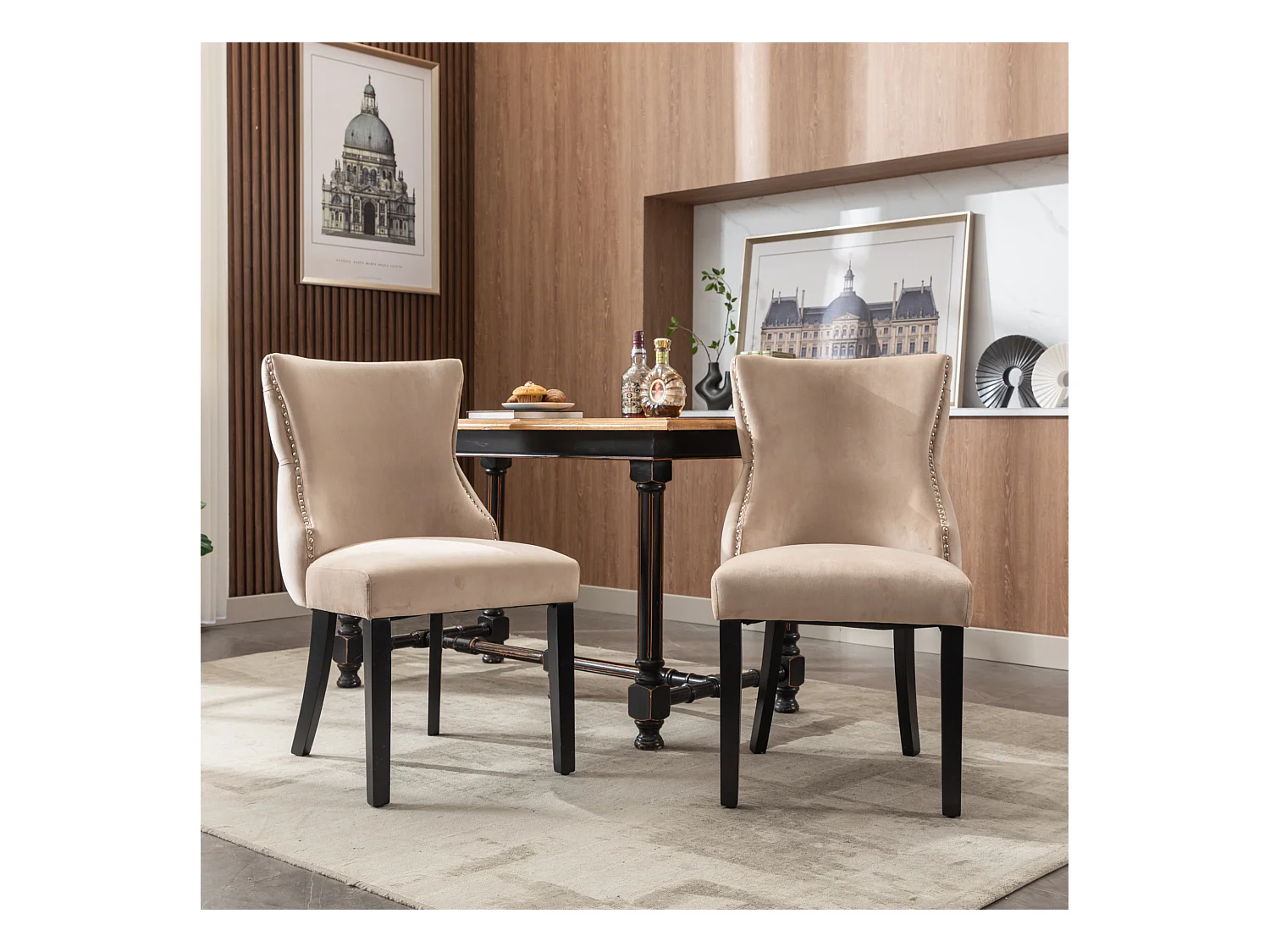 Chaises de Salle à Manger (Lot de 2), Chaise en Velours Beige avec Dossier, Pieds en Bois Massif (50x41x91 cm)