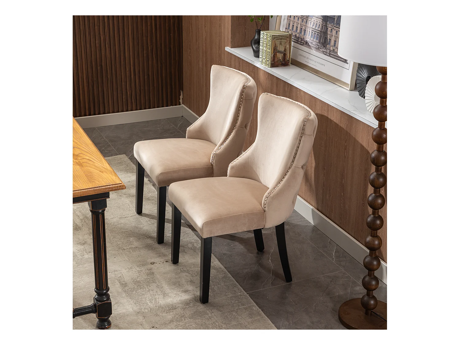 Chaises de Salle à Manger (Lot de 2), Chaise en Velours Beige avec Dossier, Pieds en Bois Massif (50x41x91 cm)