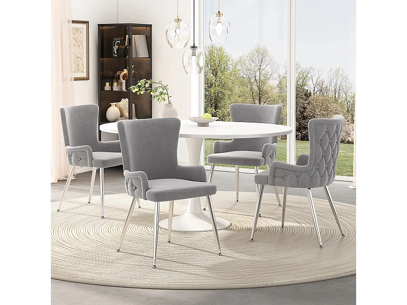 Juego de 4 sillas de comedor de terciopelo con patas de metal plateado, gris (62,87 x 58,42 x 55,88 cm)