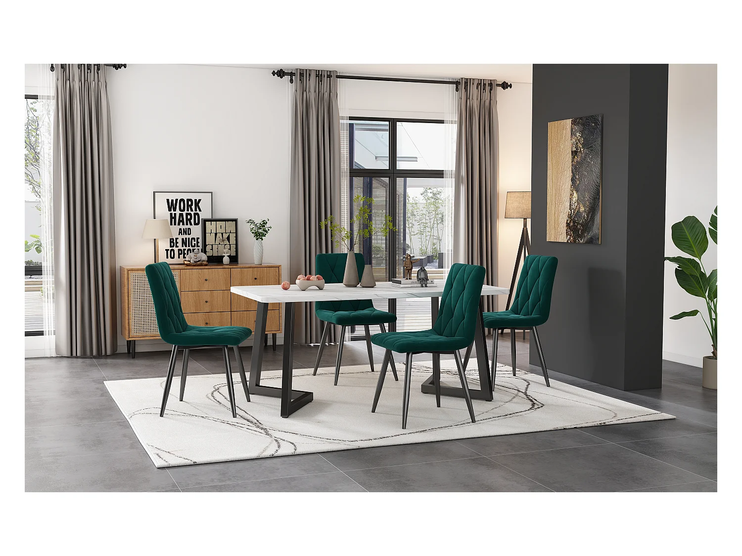 Lot de 4 Chaises de Salle à Manger Design, Velours Twill, Dossier Haut, Structure Métal, Pieds Métalliques, Vert Foncé (45x40x86 cm)