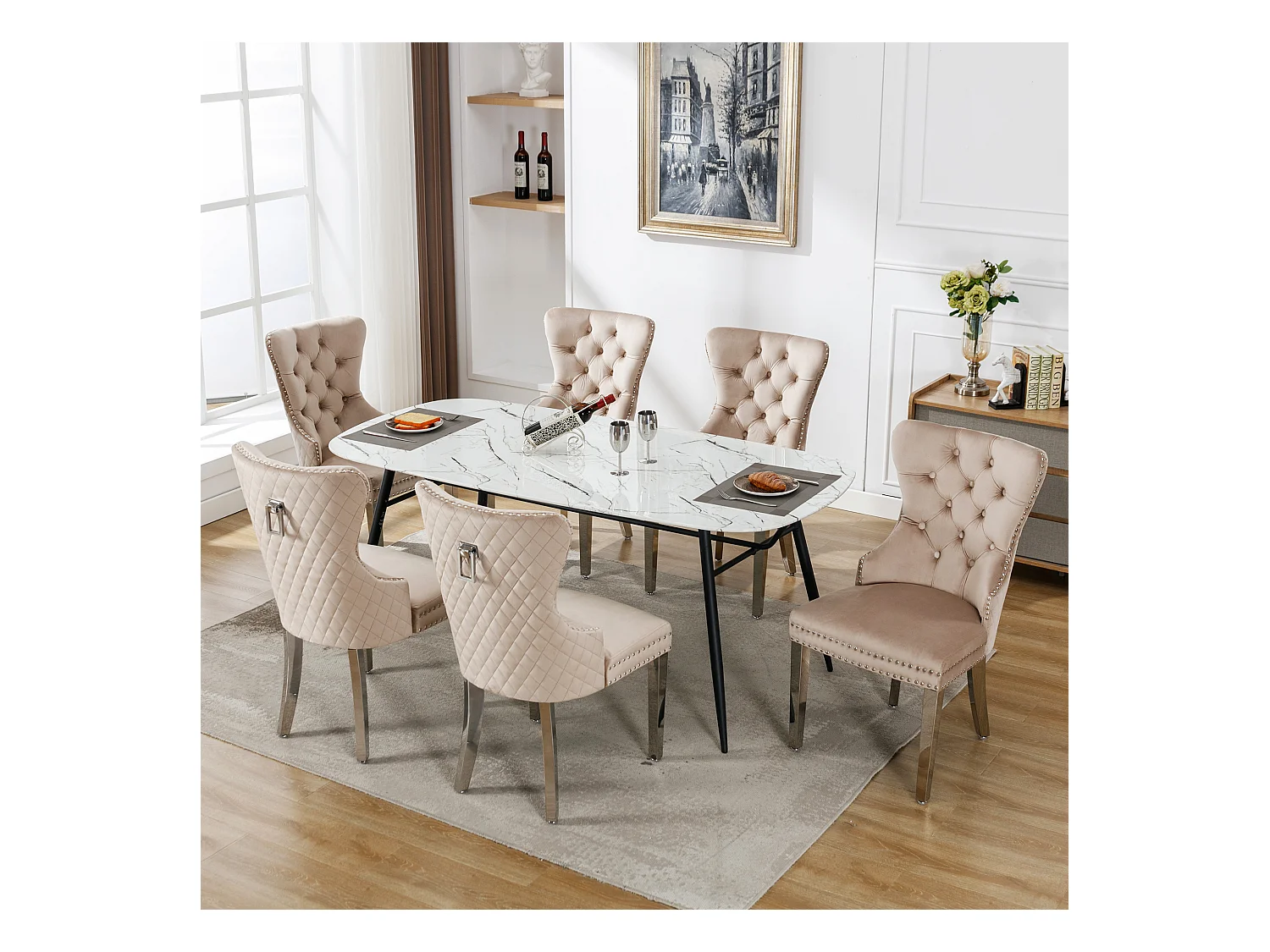 Chaises de salle à manger, Lot de 6, avec cloche décorative et clous décoratifs, pieds en métal, velours beige (53x62.5x94.5 cm)