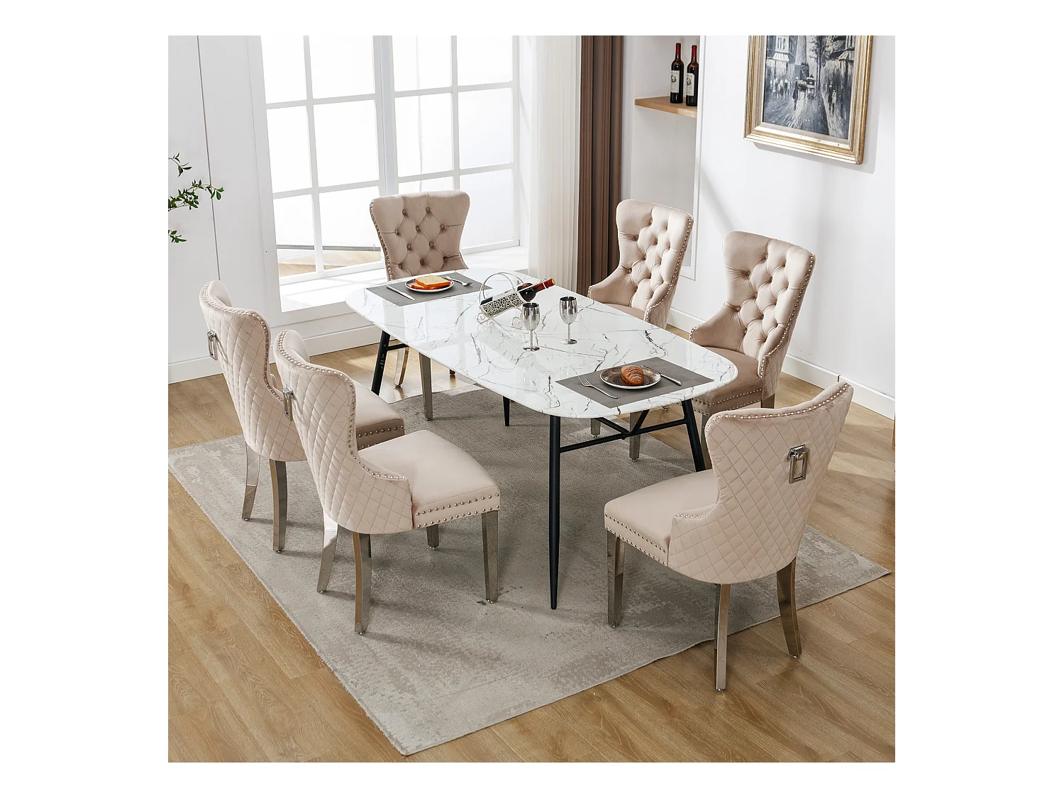 Chaises de salle à manger, Lot de 6, avec cloche décorative et clous décoratifs, pieds en métal, velours beige (53x62.5x94.5 cm)