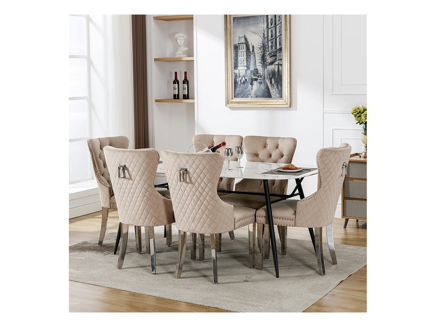 Chaises de salle à manger, Lot de 6, avec cloche décorative et clous décoratifs, pieds en métal, velours beige (53x62.5x94.5 cm)