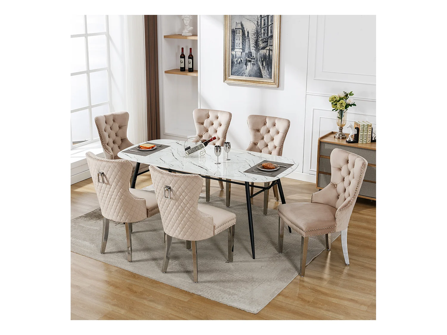 Chaises de salle à manger, Lot de 6, avec cloche décorative et clous décoratifs, pieds en métal, velours beige (53x62.5x94.5 cm)