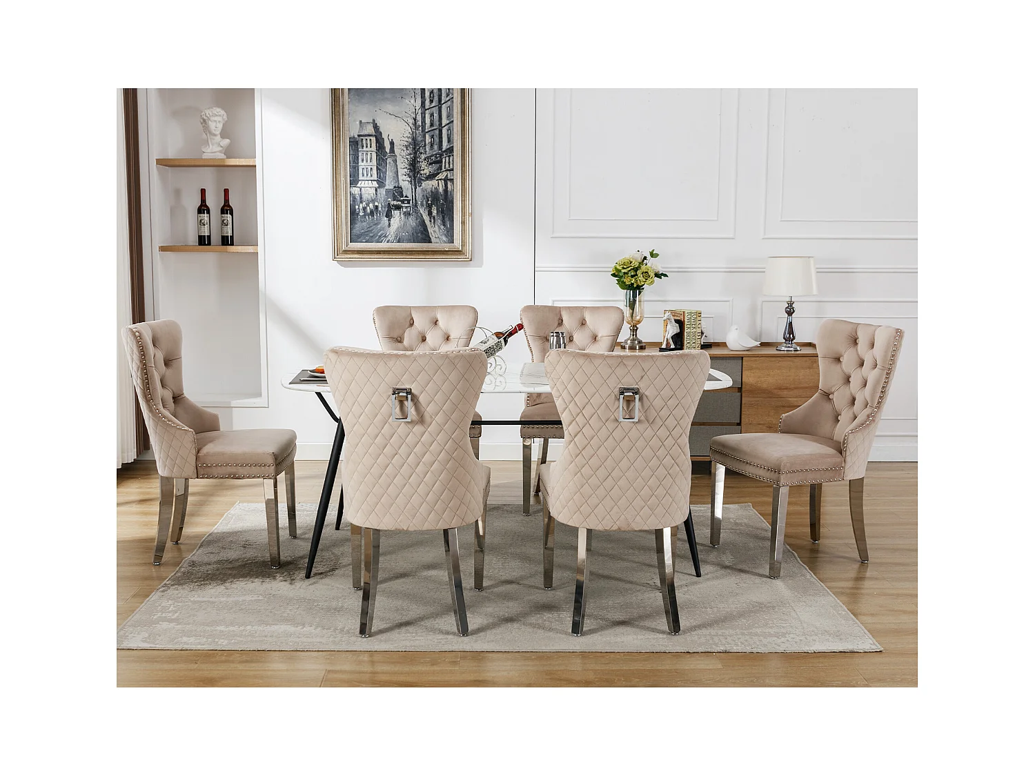 Chaises de salle à manger, Lot de 6, avec cloche décorative et clous décoratifs, pieds en métal, velours beige (53x62.5x94.5 cm)