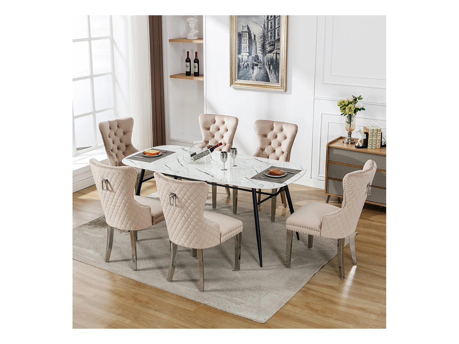 Chaises de salle à manger, Lot de 6, avec cloche décorative et clous décoratifs, pieds en métal, velours beige (53x62.5x94.5 cm)