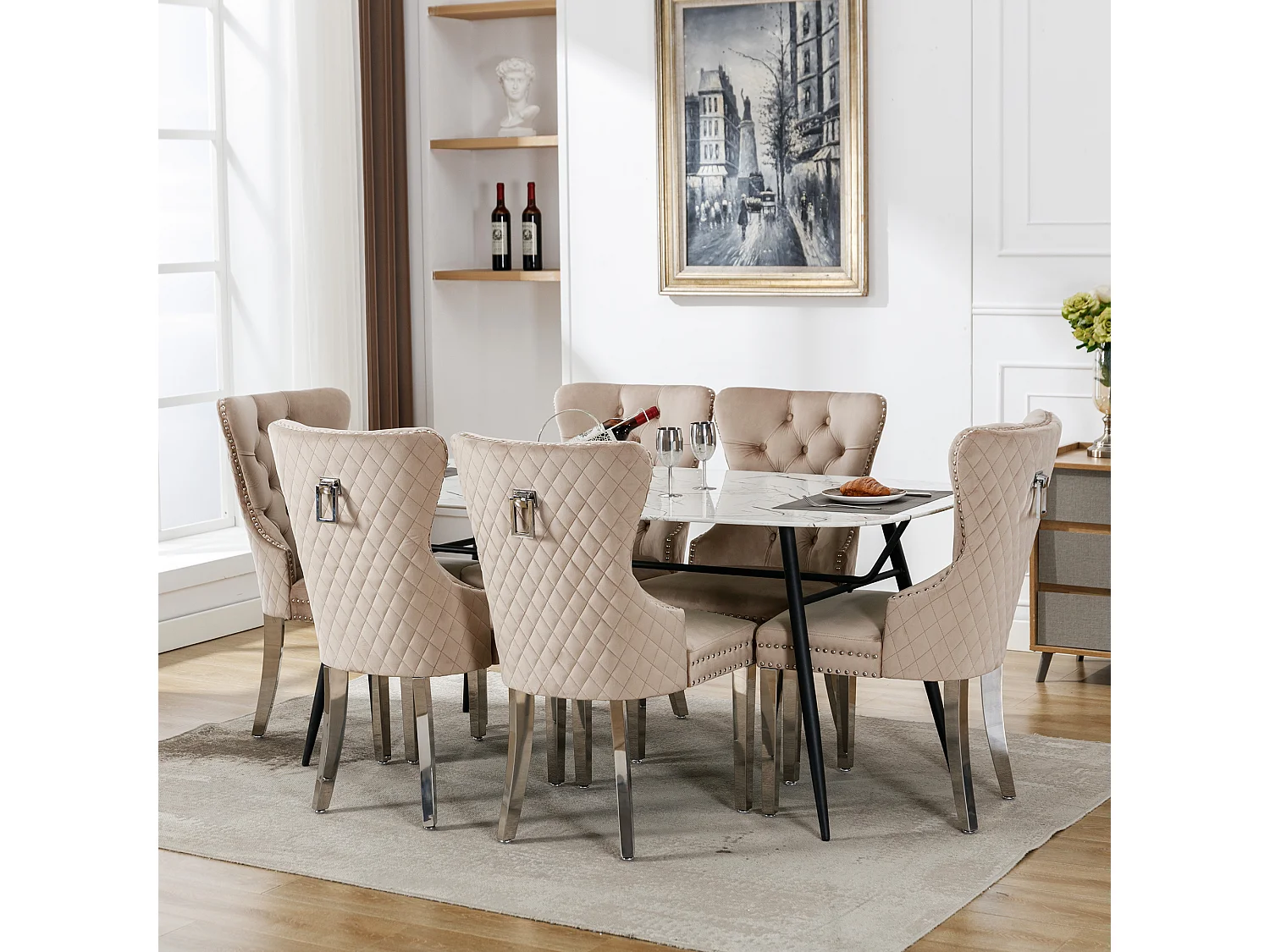 Chaises de salle à manger, Lot de 6, avec cloche décorative et clous décoratifs, pieds en métal, velours beige (53x62.5x94.5 cm)