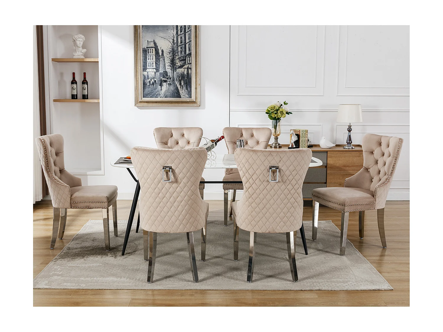 Chaises de salle à manger, Lot de 6, avec cloche décorative et clous décoratifs, pieds en métal, velours beige (53x62.5x94.5 cm)