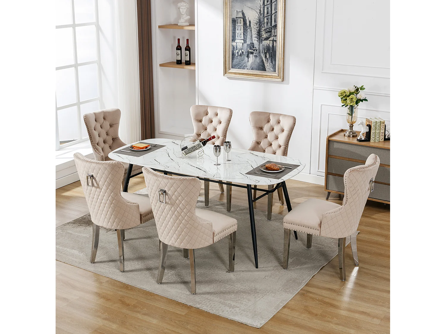 Chaises de salle à manger, Lot de 6, avec cloche décorative et clous décoratifs, pieds en métal, velours beige (53x62.5x94.5 cm)