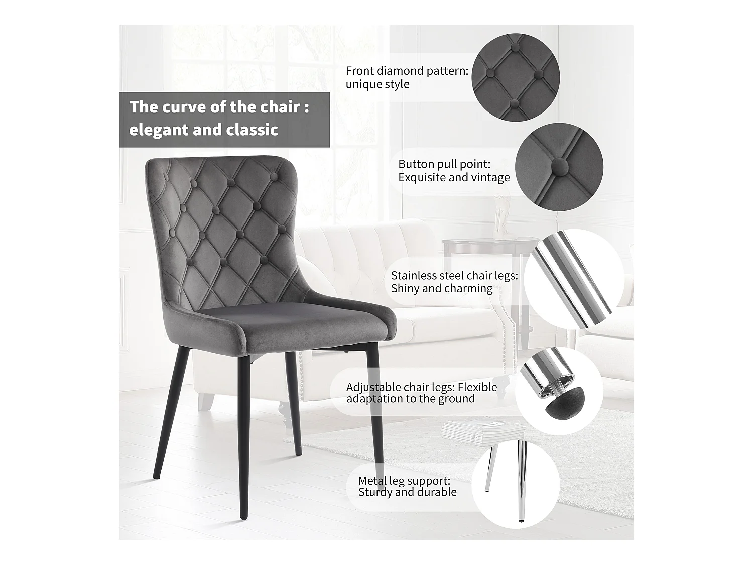 Chaises de Salle à Manger avec dossier (4 pièces), Chaises de Cuisine en Velours, Design Ergonomique, Pieds en Métal Noir (50x45x86 cm)