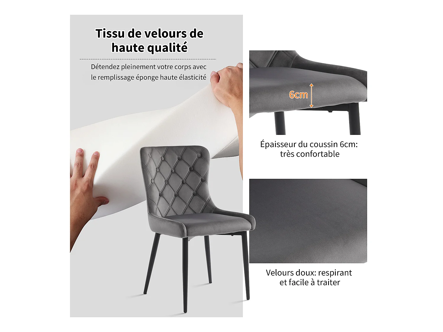 Chaises de Salle à Manger avec dossier (4 pièces), Chaises de Cuisine en Velours, Design Ergonomique, Pieds en Métal Noir (50x45x86 cm)