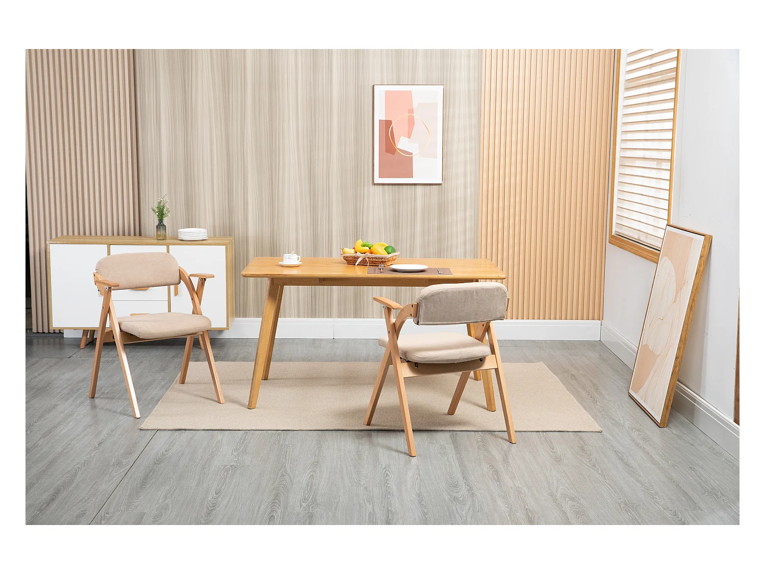 Silla plegable de diseño con reposabrazos, asiento acolchado, madera de haya, color caqui (52,5x60x79 cm)