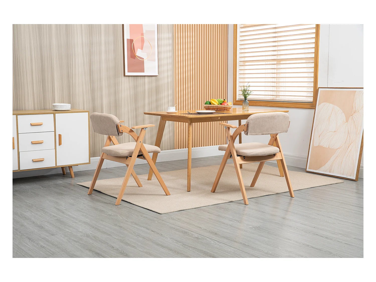 Silla plegable de diseño con reposabrazos, asiento acolchado, madera de haya, color caqui (52,5x60x79 cm)