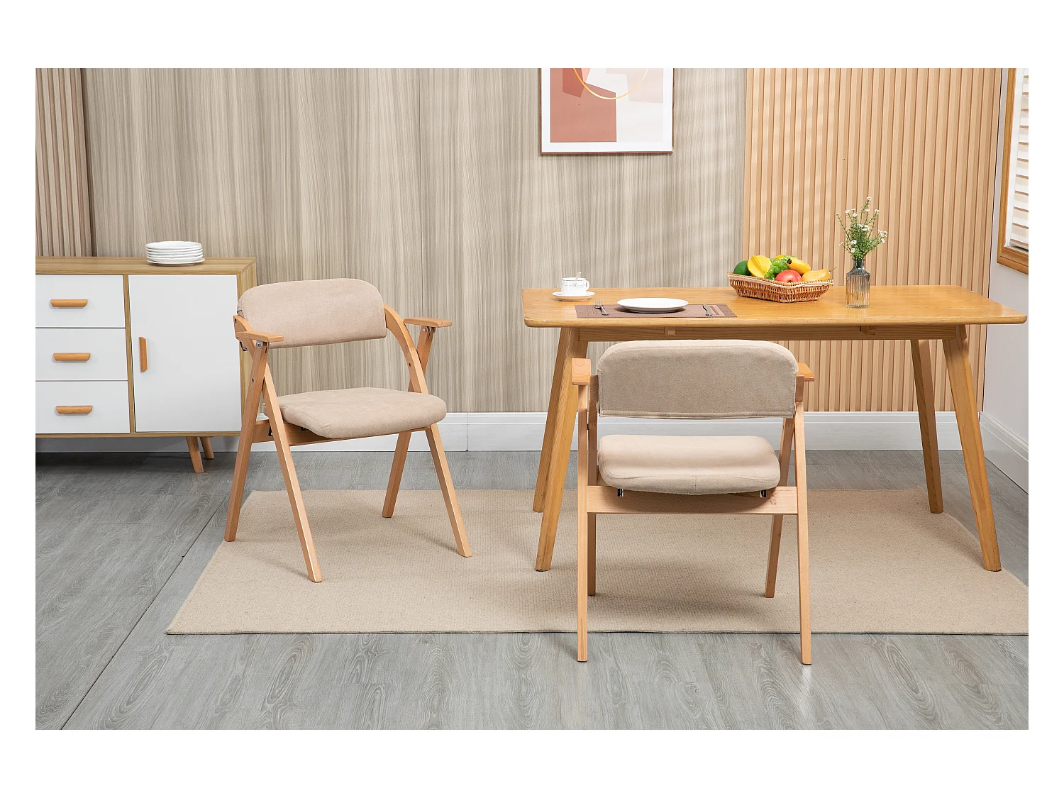 Silla plegable de diseño con reposabrazos, asiento acolchado, madera de haya, color caqui (52,5x60x79 cm)