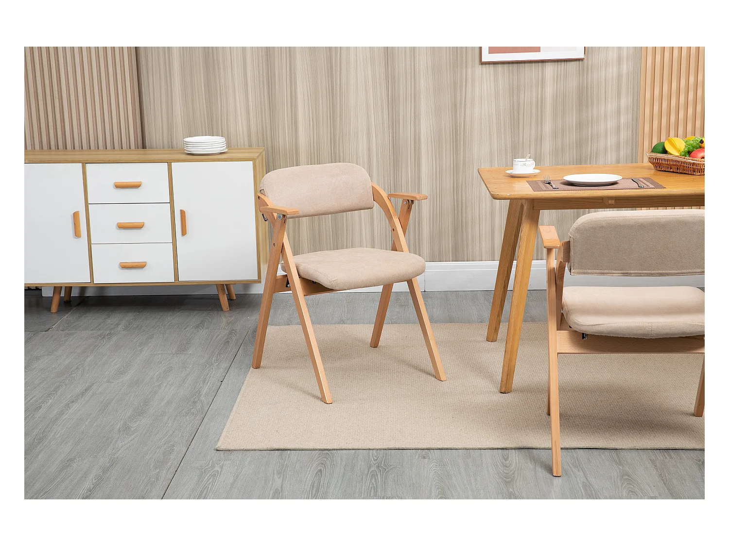 Silla plegable de diseño con reposabrazos, asiento acolchado, madera de haya, color caqui (52,5x60x79 cm)