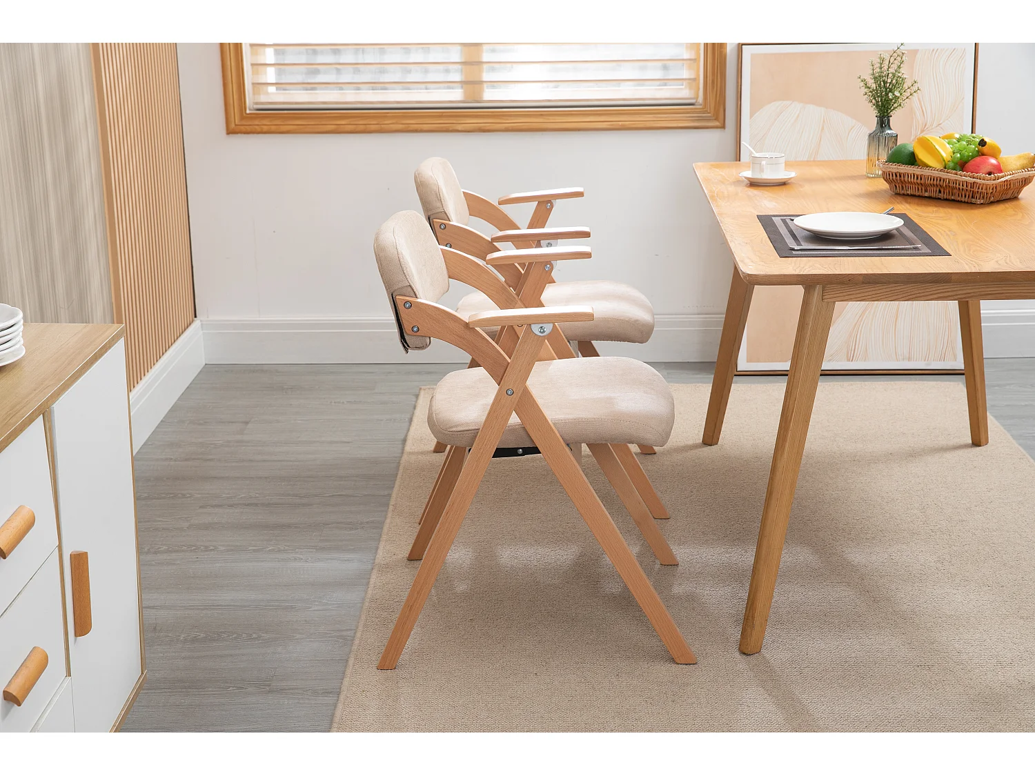 Chaise pliante design avec accoudoirs, siège rembourré, bois de hêtre, kaki (52.5x60x79 cm)