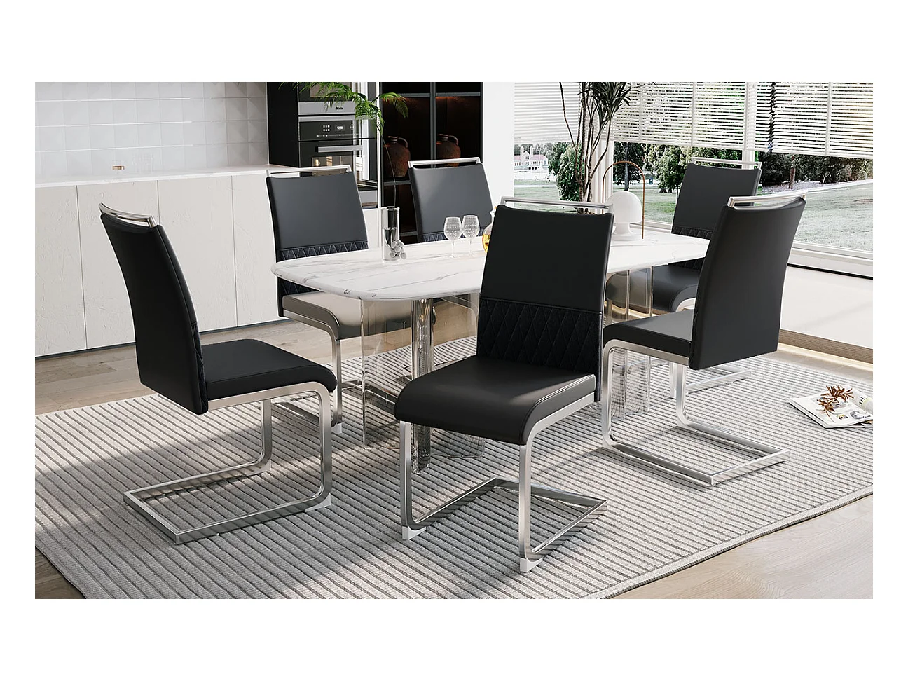 Lot de 6 chaises de salle à manger modernes, dossier en PU et lin, assise en velours, structure métallique, noir (42x48x95 cm)