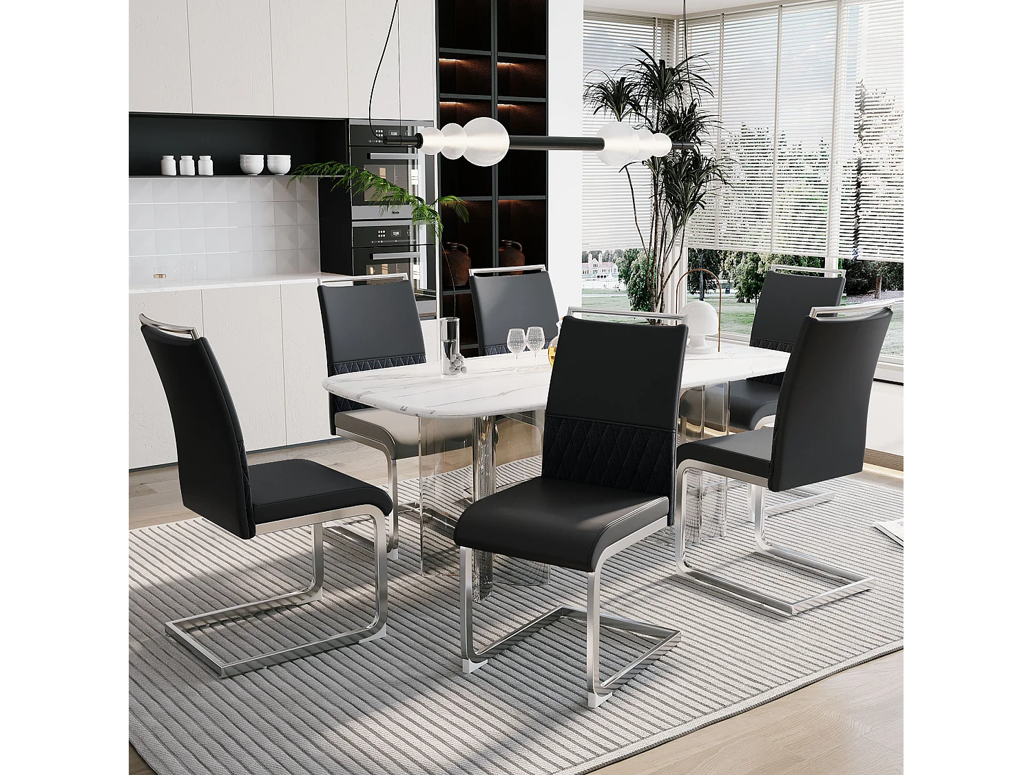 Set di 6 sedie da pranzo moderne, schienale in PU e lino, seduta in velluto, struttura in metallo, nero (42x48x95 cm)