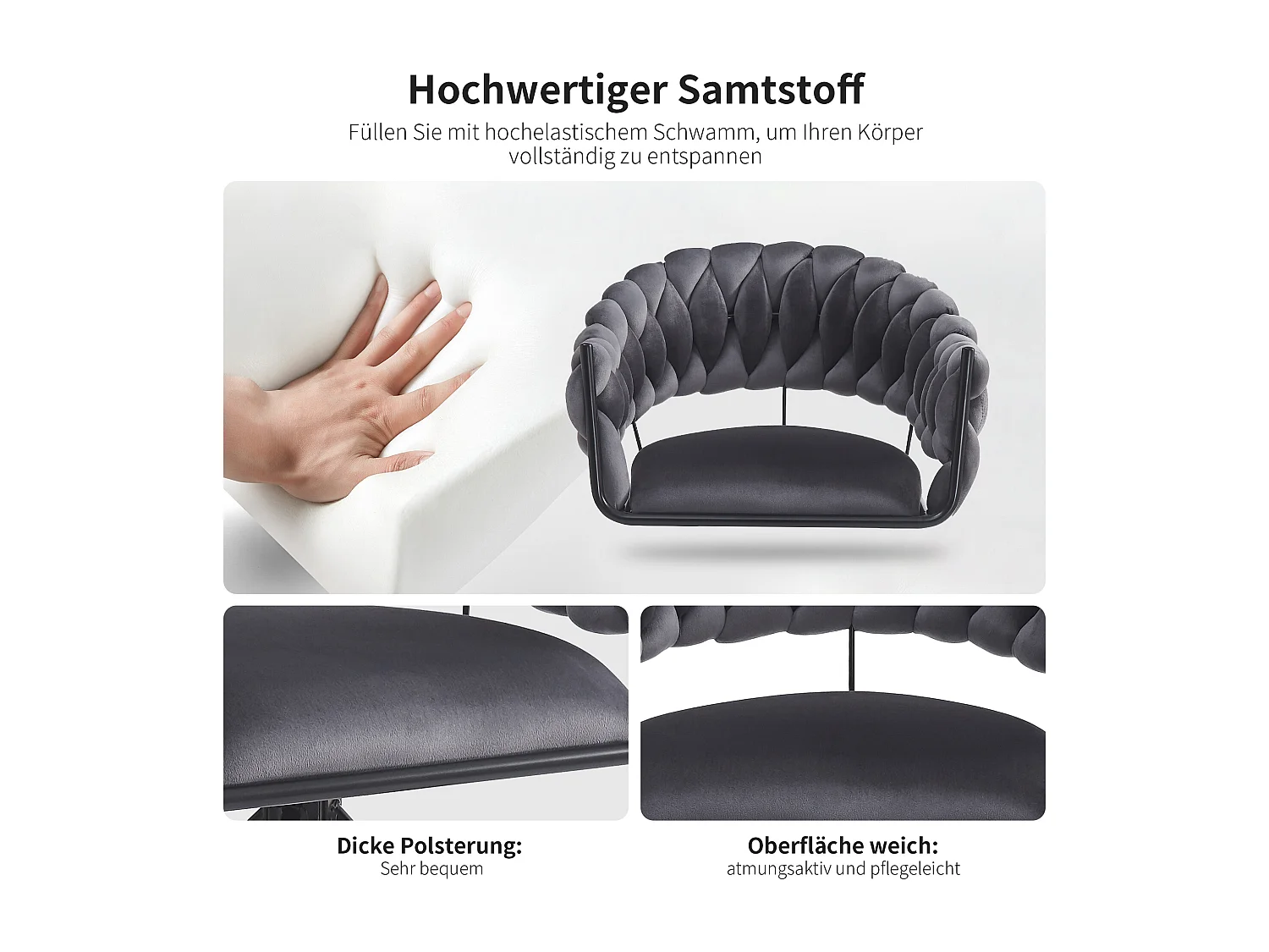 Set van 2 fluwelen eetkamerstoelen, ergonomisch design met verstelbare klauwpoten, grijs (64x54x77cm)