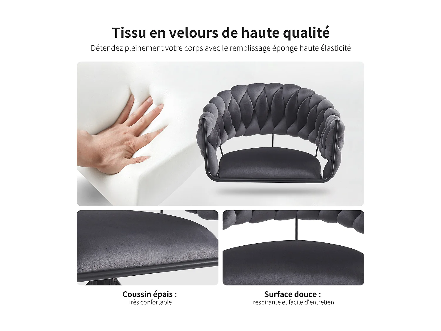 Set van 2 fluwelen eetkamerstoelen, ergonomisch design met verstelbare klauwpoten, grijs (64x54x77cm)