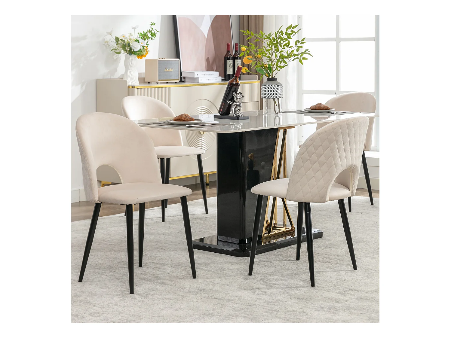 stuks eetkamerstoelen, gestoffeerd met rugleuning, beige fluwelen zitting, verstelbare metalen poten, ruitpatroon (47x44x84 cm)