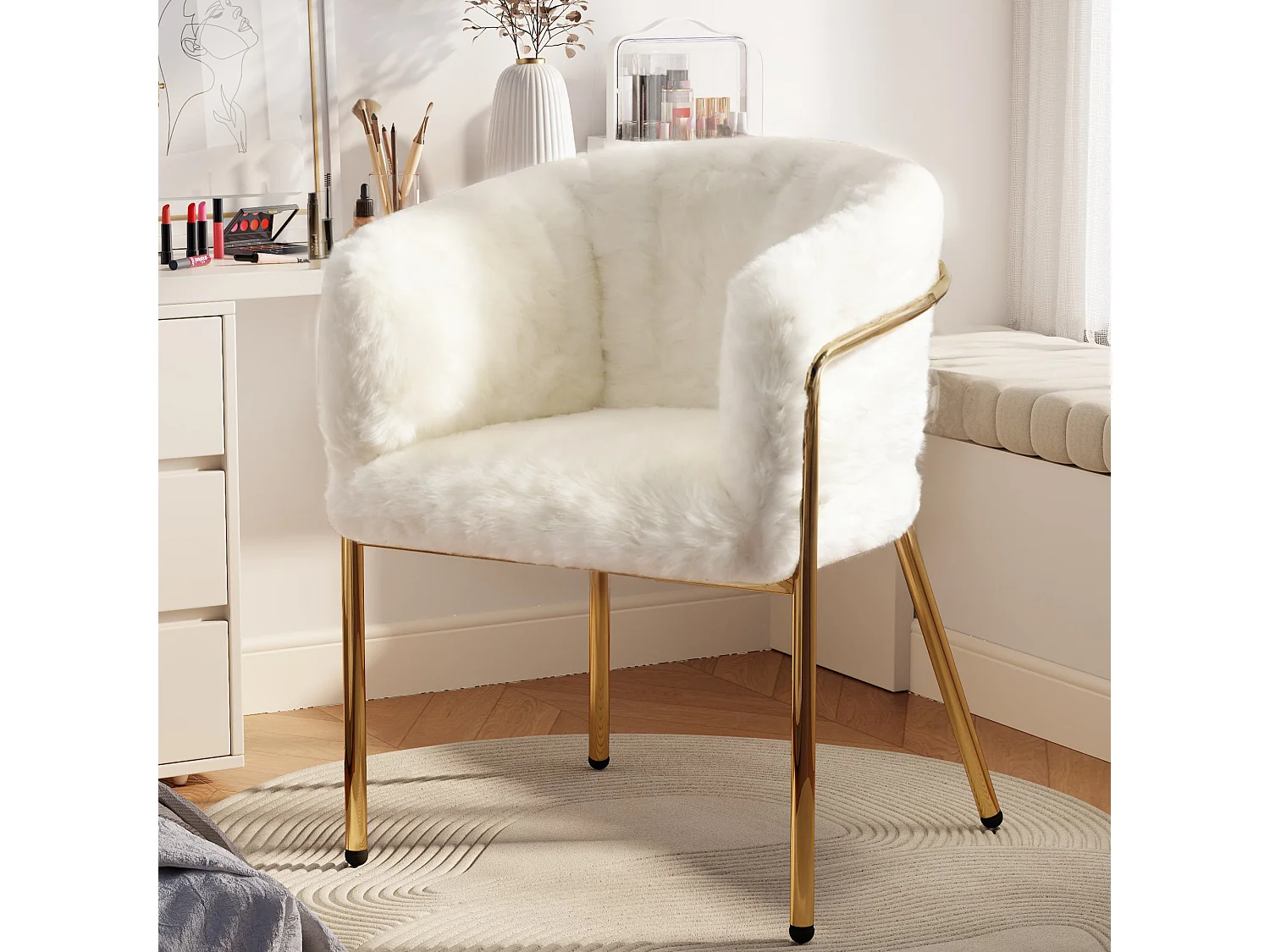 Fauteuil de loisir 2 pièces, luxe léger, pieds métalliques, fausse fourrure beige (64.77x59.69x55.88 cm)