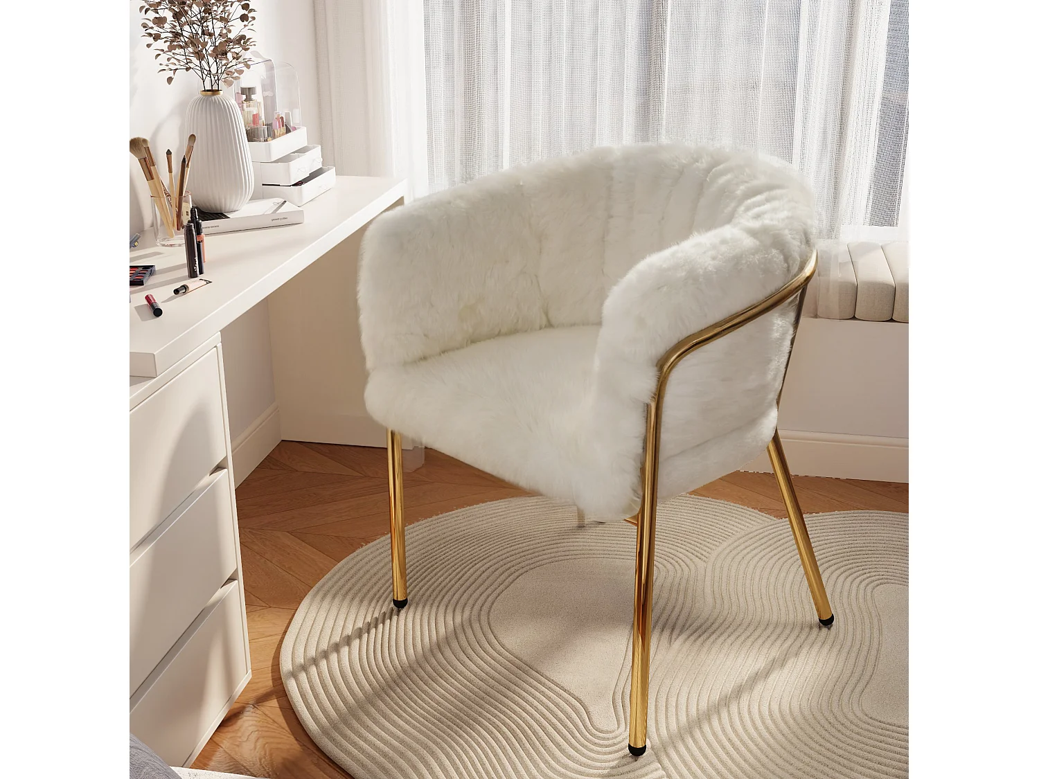 Fauteuil de loisir 2 pièces, luxe léger, pieds métalliques, fausse fourrure beige (64.77x59.69x55.88 cm)