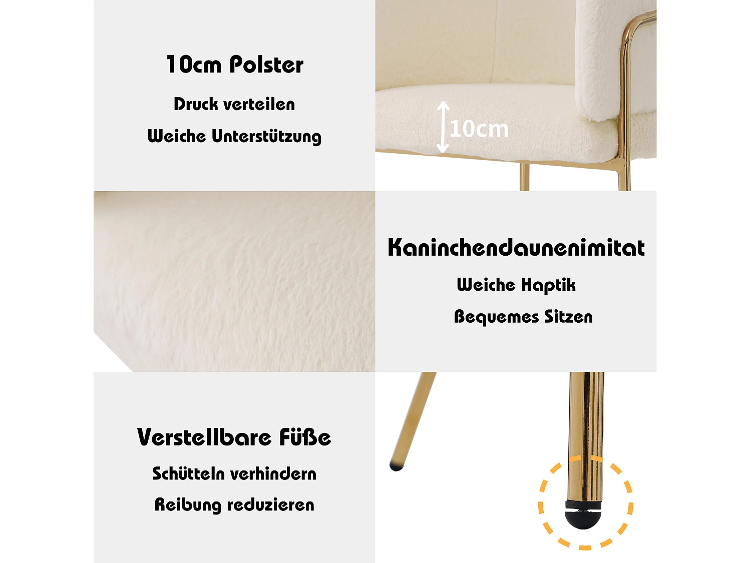 Fauteuil de loisir 2 pièces, luxe léger, pieds métalliques, fausse fourrure beige (64.77x59.69x55.88 cm)