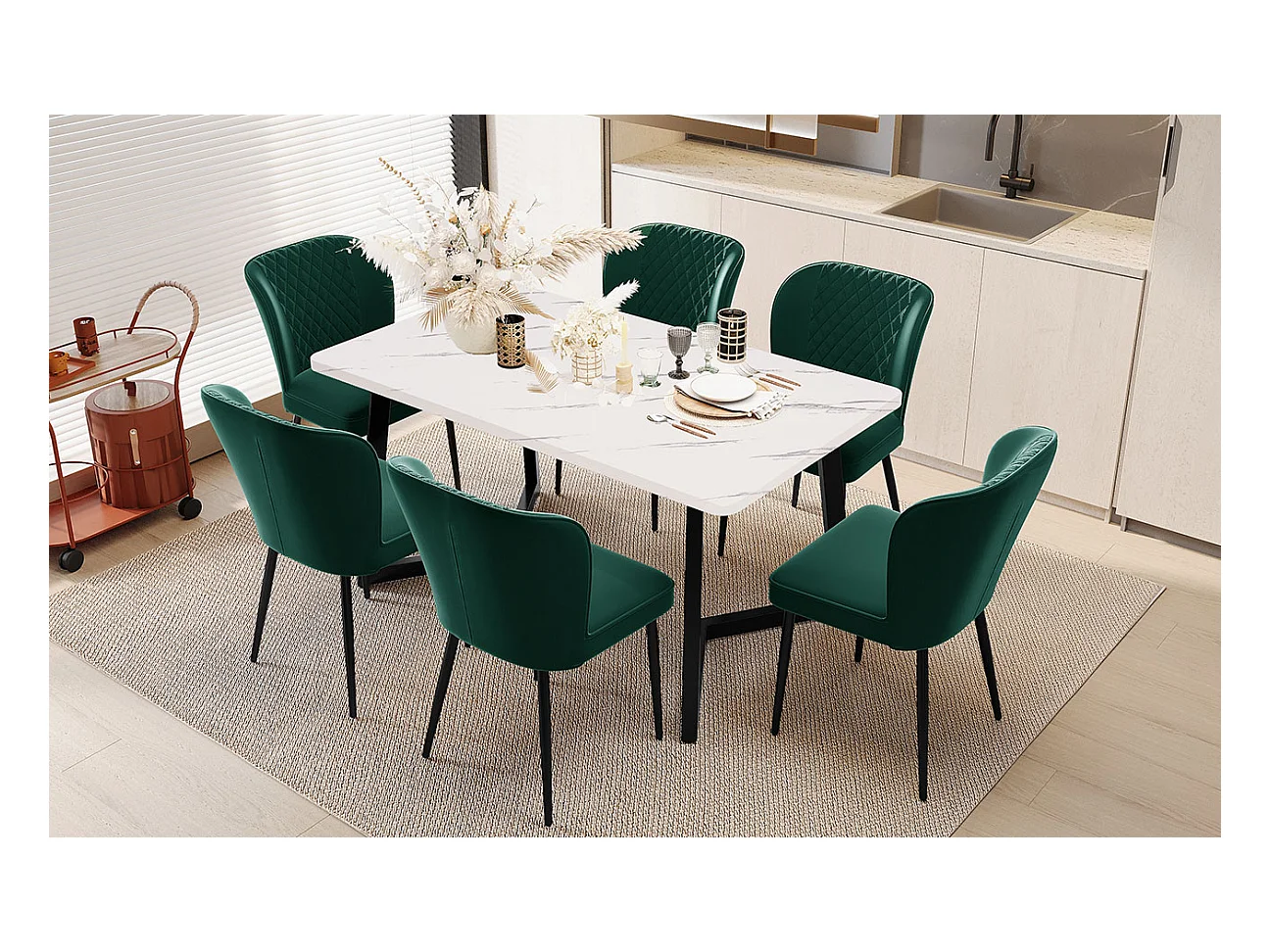 Sedia da pranzo di design, 4 sedie in velluto verde scuro con schienale e gambe in metallo (47x43x86 cm)