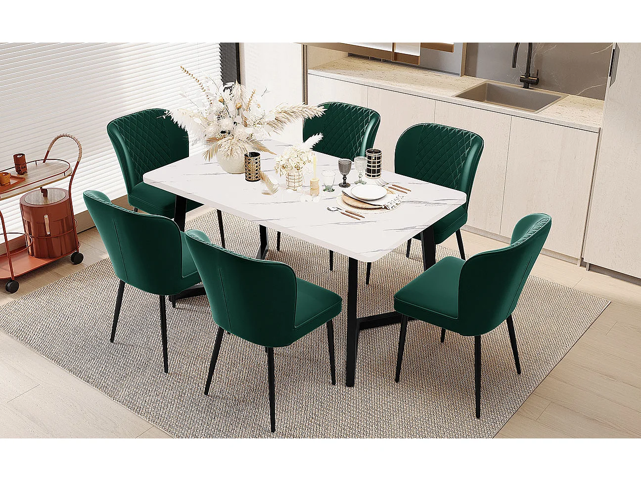 Chaise de salle à manger design, 4 chaises en velours vert foncé avec dossier et pieds en métal (47x43x86 cm)