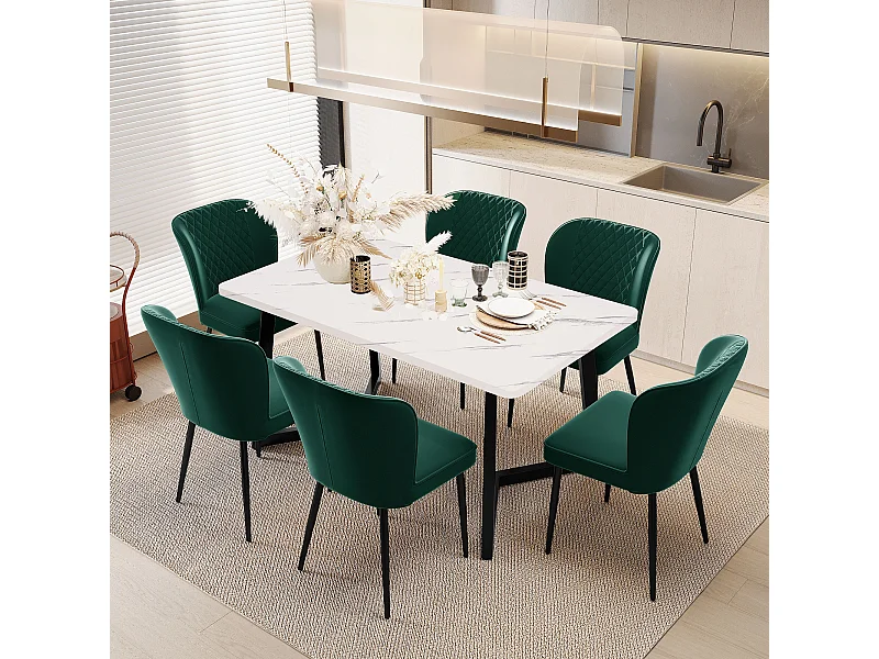 Chaise de salle à manger design, 4 chaises en velours vert foncé avec dossier et pieds en métal (47x43x86 cm)