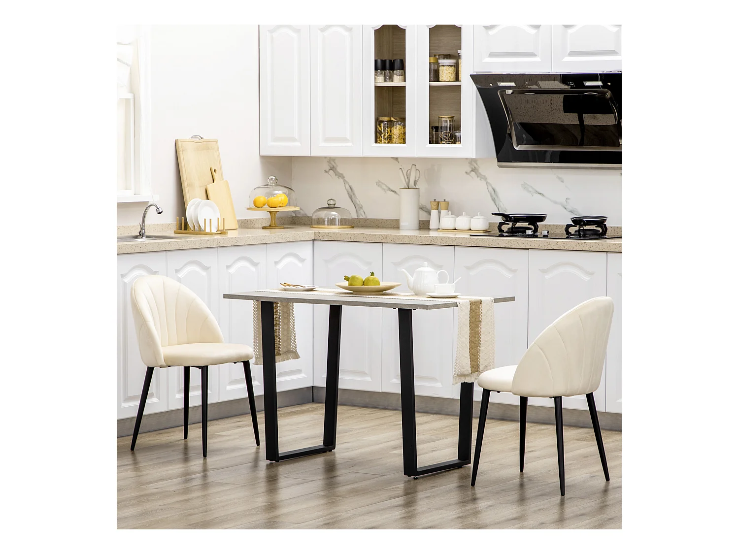 Ensemble de 2 chaises de salle à manger rembourrées, dossier coquillage et pieds en acier, crème (52x54x79 cm)