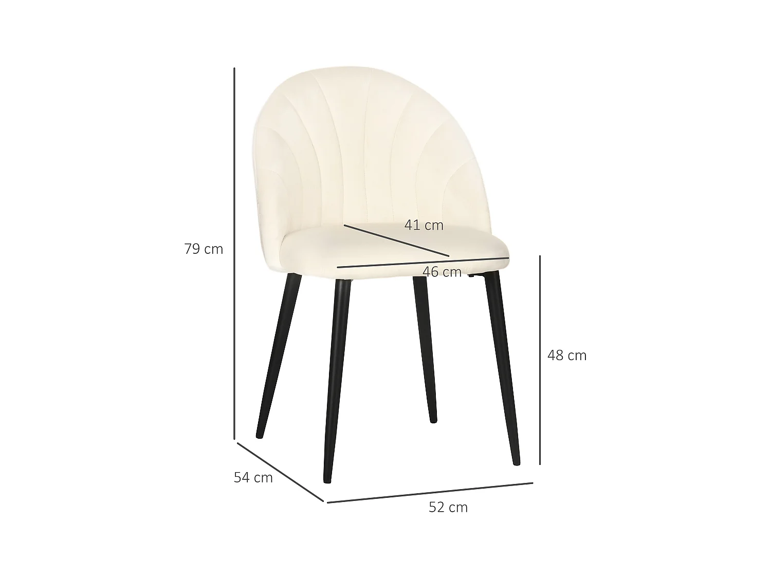 Ensemble de 2 chaises de salle à manger rembourrées, dossier coquillage et pieds en acier, crème (52x54x79 cm)