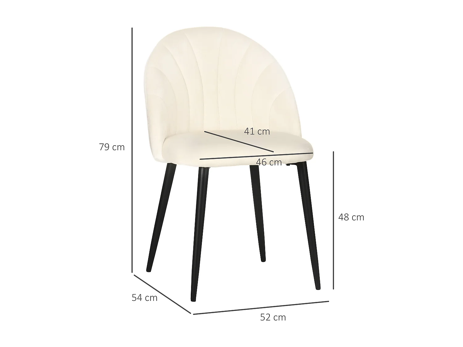 Ensemble de 2 chaises de salle à manger rembourrées, dossier coquillage et pieds en acier, crème (52x54x79 cm)