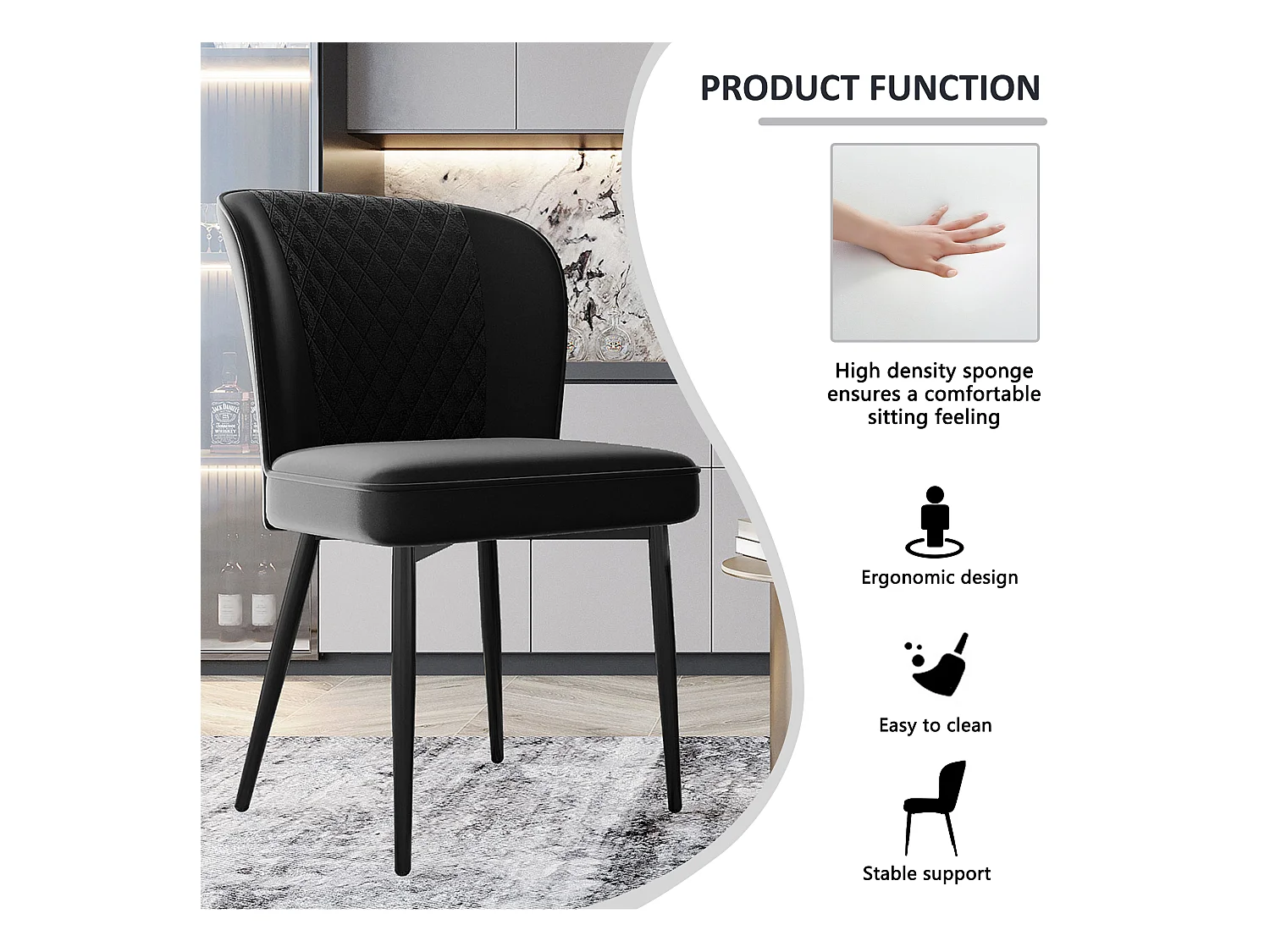 Chaise de salle à manger moderne, en velours noir, avec pieds métalliques, lot de 4 (47x43x86 cm)