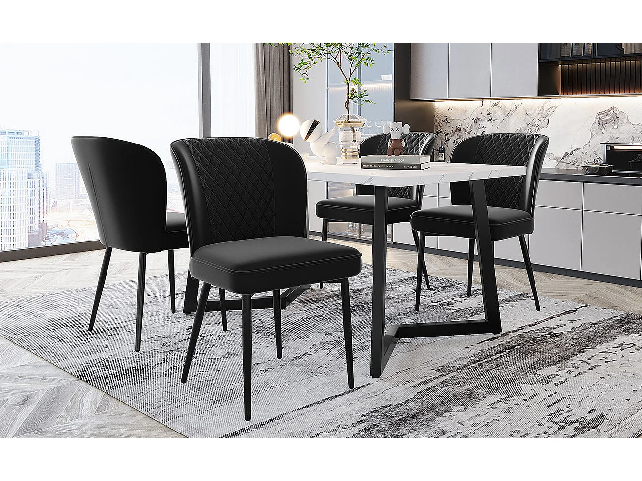 Chaise de salle à manger moderne, en velours noir, avec pieds métalliques, lot de 4 (47x43x86 cm)